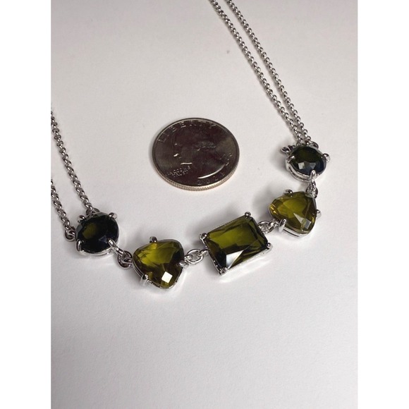 Vintage Signed Monet Silver Tone Bib Necklace Emerald Green Glass Double Strand - Picture 2 of 8